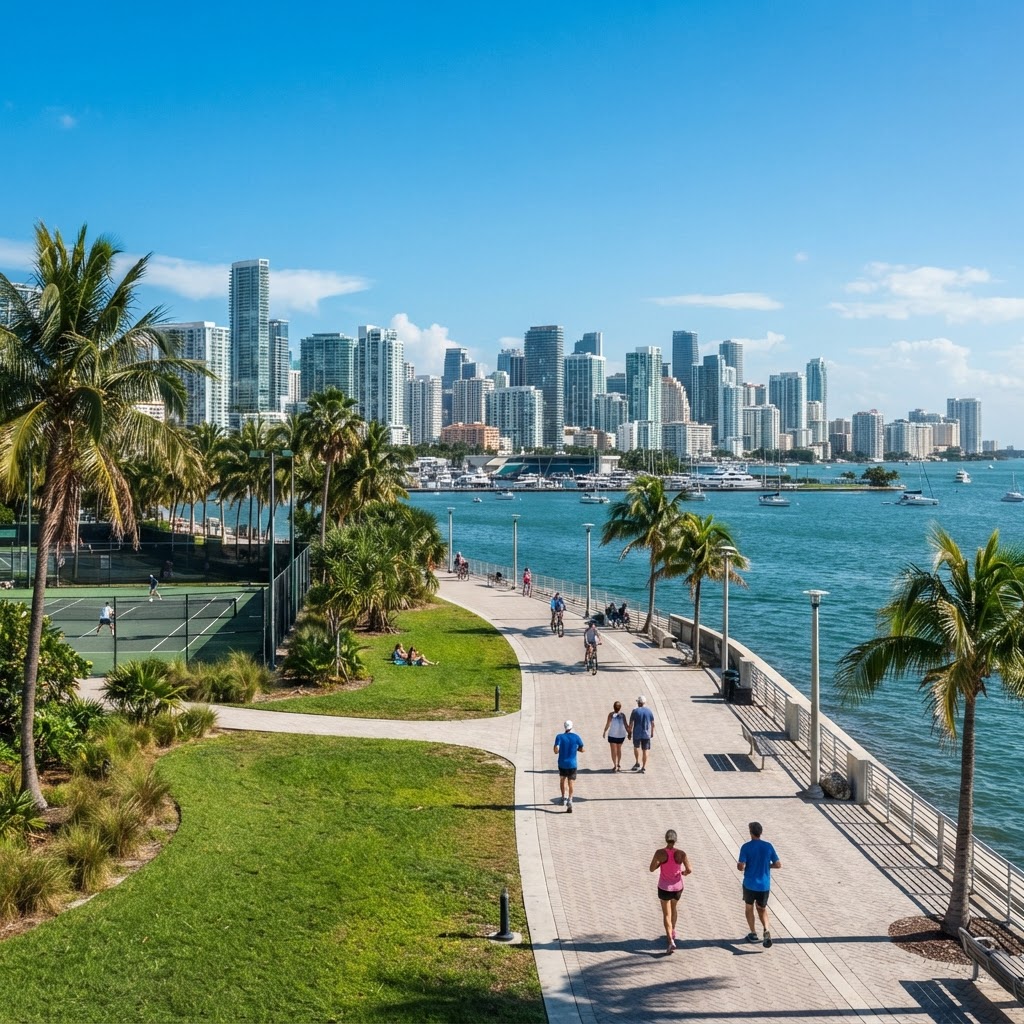 Parque frente a Biscayne Bay con torres residenciales al fondo en Edgewater, Miami