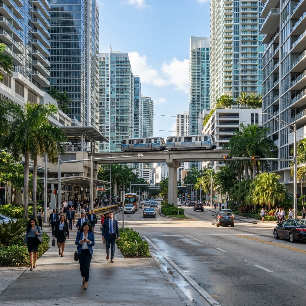 Calle urbana del distrito financiero de Brickell con estación del Metromover