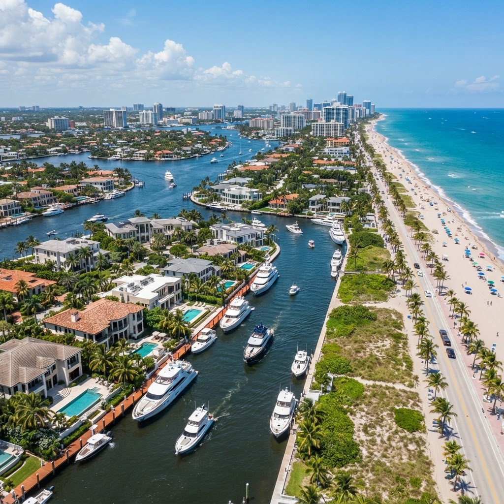Viviendas frente al agua con yates en el Intracoastal de Fort Lauderdale