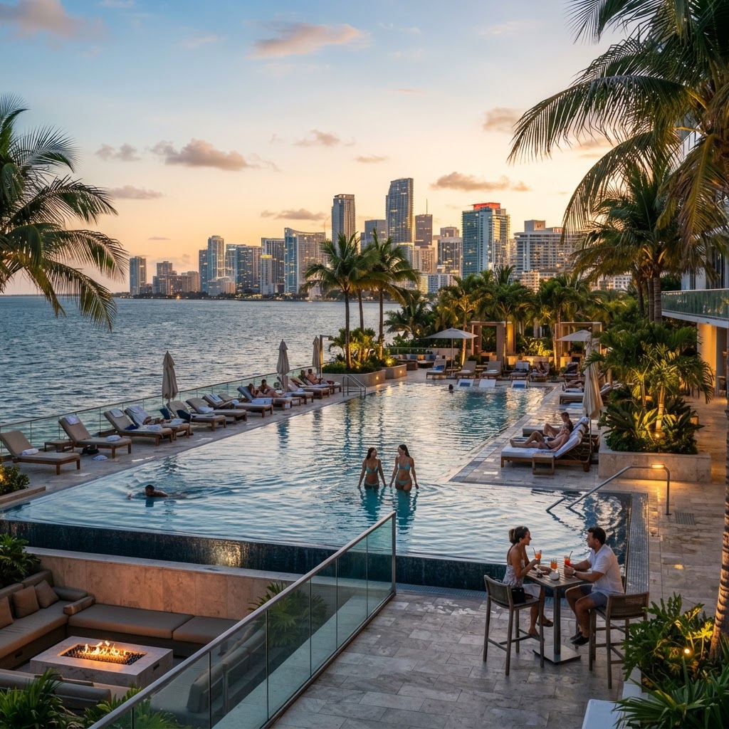 Piscina infinity en la plataforma de amenidades de un condominio de lujo en Miami