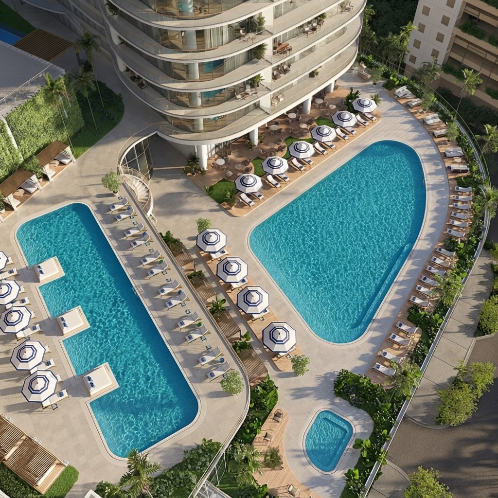 Área de alberca y amenidades de Cipriani Residences Miami, vistas desde el aire