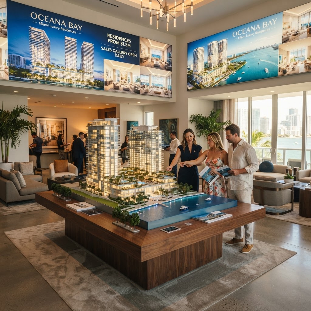 Galería de ventas de un desarrollo residencial con maqueta arquitectónica en Miami