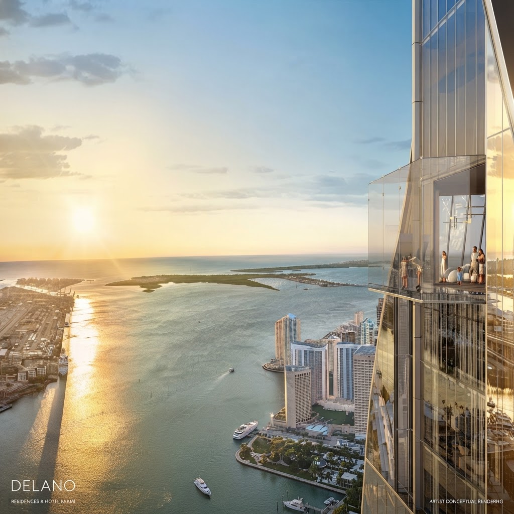 Terraza de observación de Delano Residences Miami con vistas panorámicas de la bahía de Biscayne y el skyline de Downtown Miami