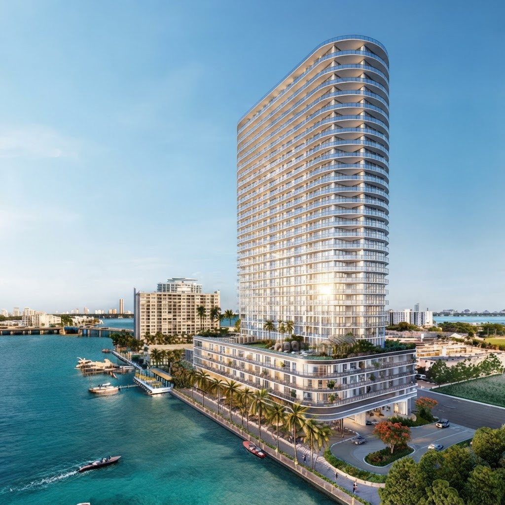 Vista aérea de Continuum Club & Residences y North Bay Village sobre Biscayne Bay