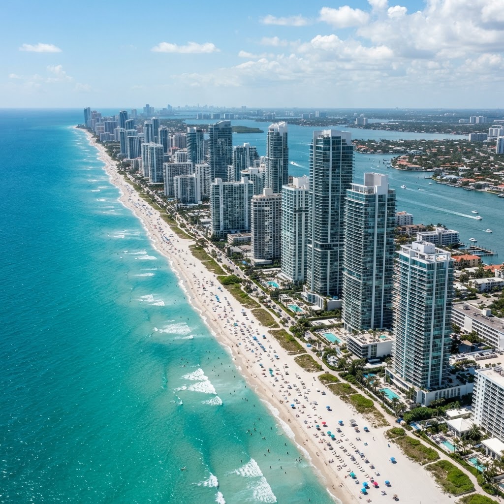 Torres de condominios frente al mar en la costa de Miami Beach y Sunny Isles