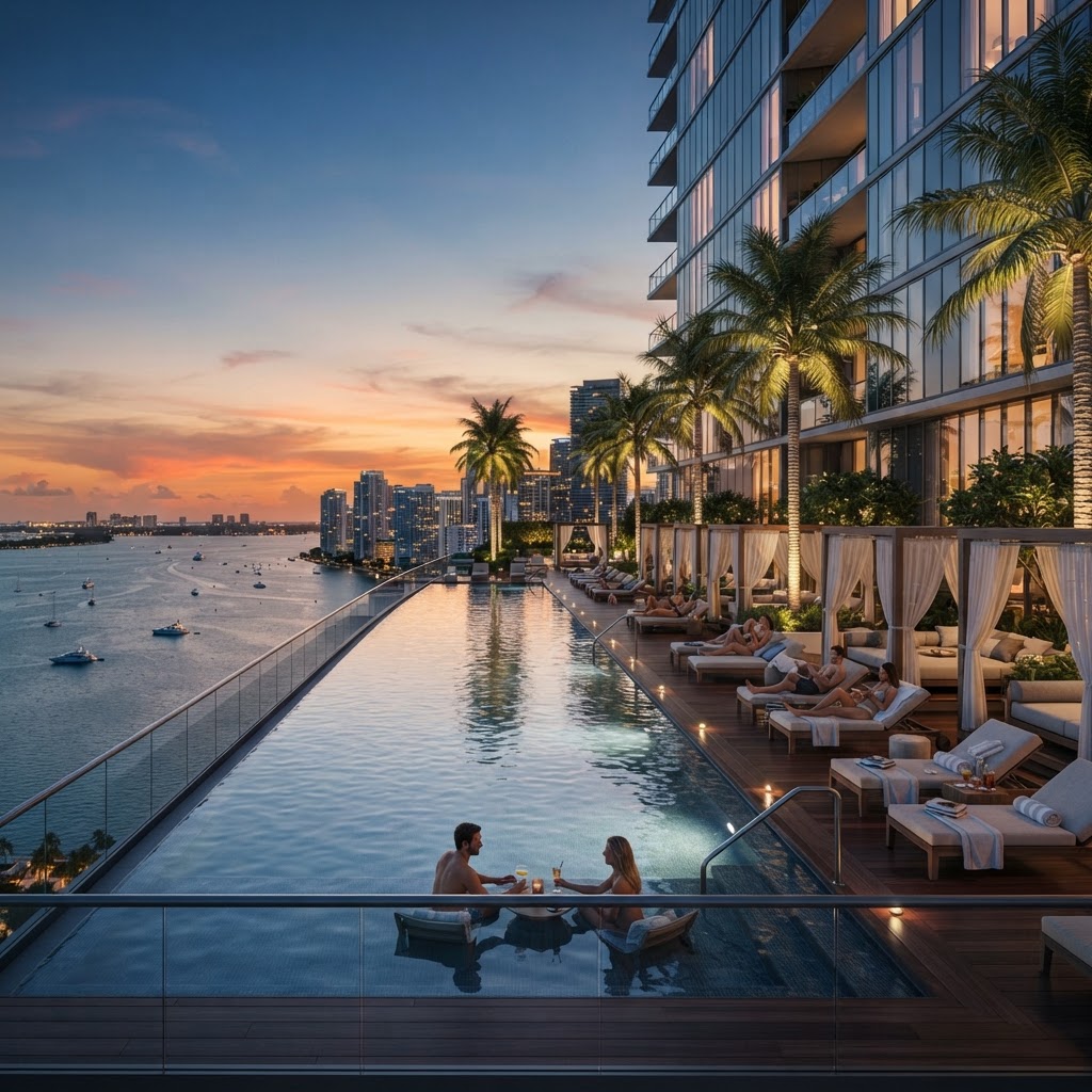 Piscina en altura con vista a la bahía en una torre residencial de lujo