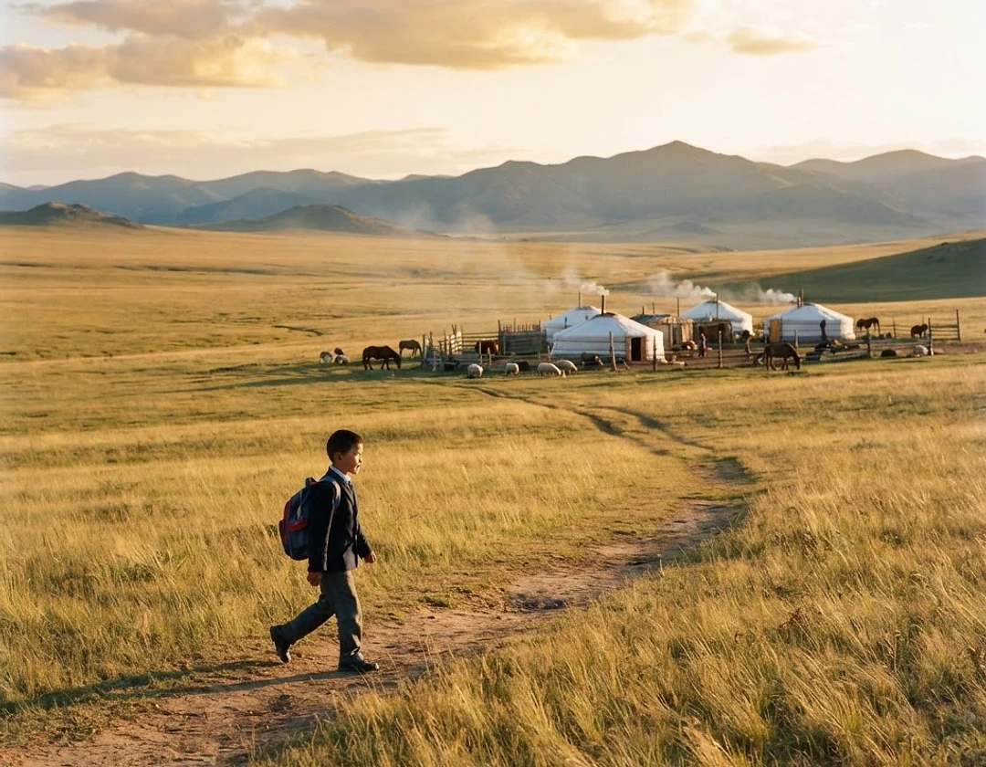A Mongolian student walking across the steppe at golden hour