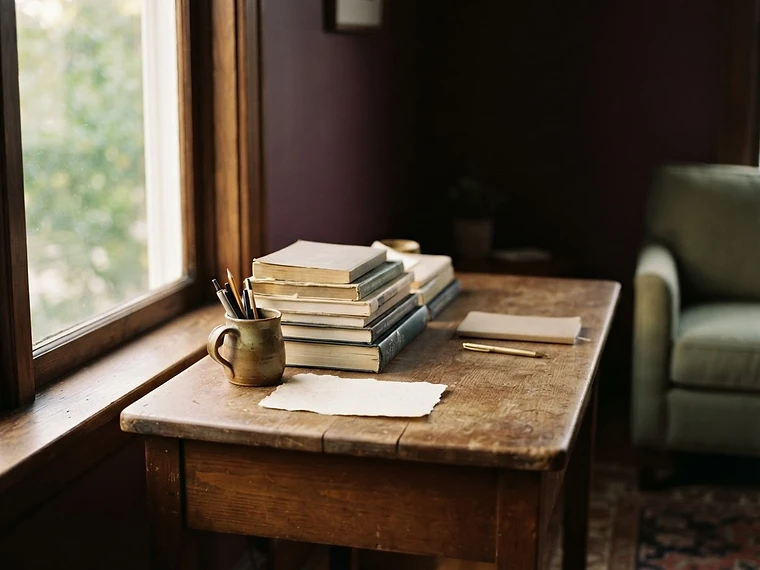 Books and a desk in a warmly lit counseling office