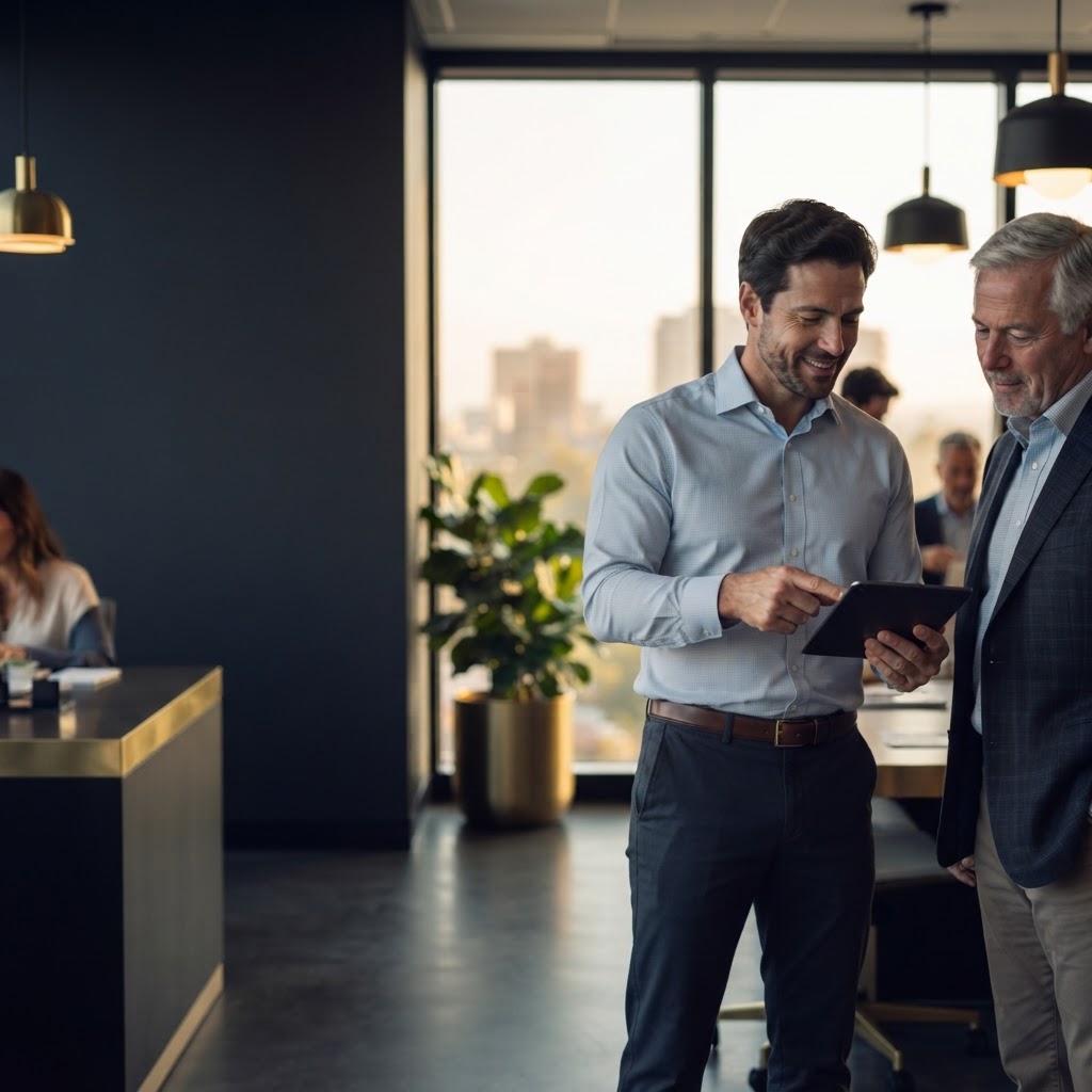 Two financial advisors reviewing a tablet together in a modern office