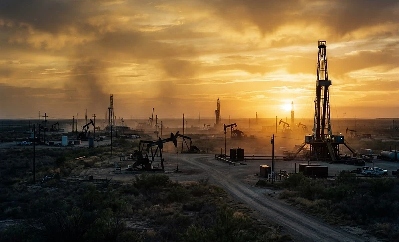 West Texas oilfield at golden hour
