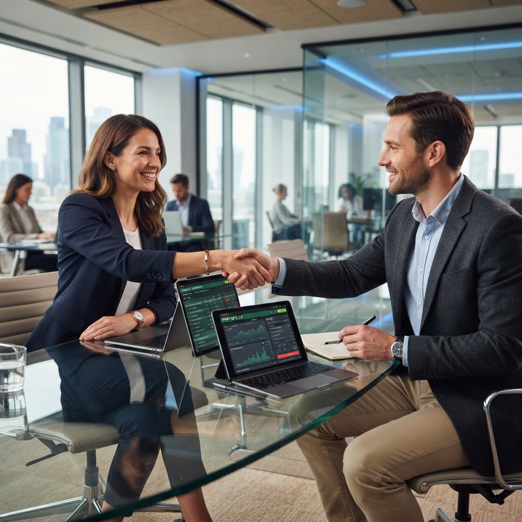 Geschäftspartnerschaft: Zwei Unternehmer reichen sich im modernen Büro die Hand, auf dem Tisch digitale Dashboards für Online-Sportwetten