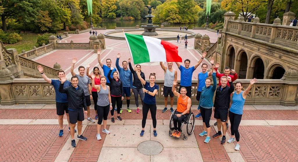 Gruppo di runner con bandiera italiana alla Bethesda Terrace di Central Park, New York