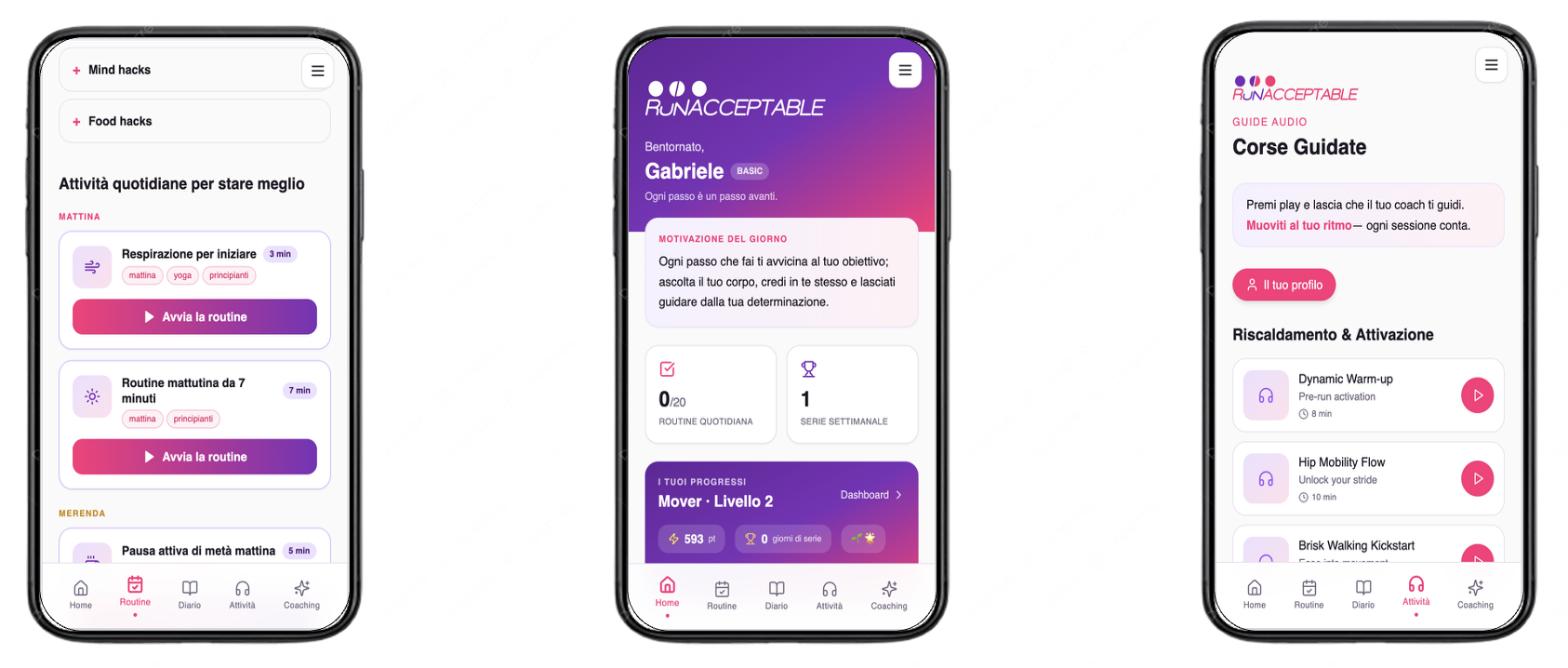 Anteprima dell'app Runacceptable: routine, dashboard e guide audio