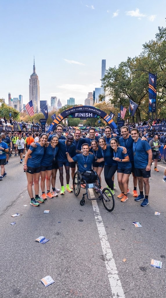 Gruppo di runner al traguardo della TCS New York City Marathon