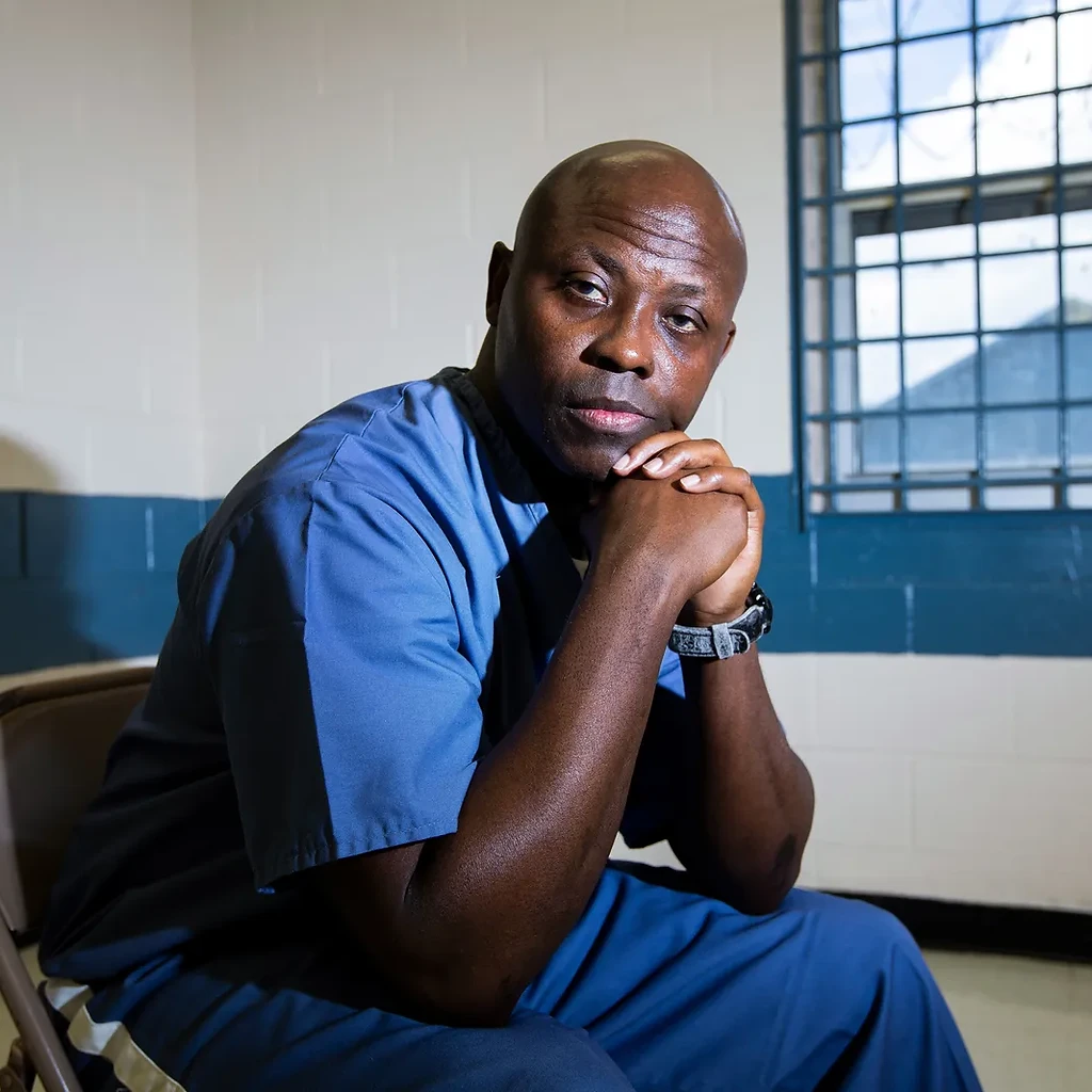Thomas R. James seated in a prison room