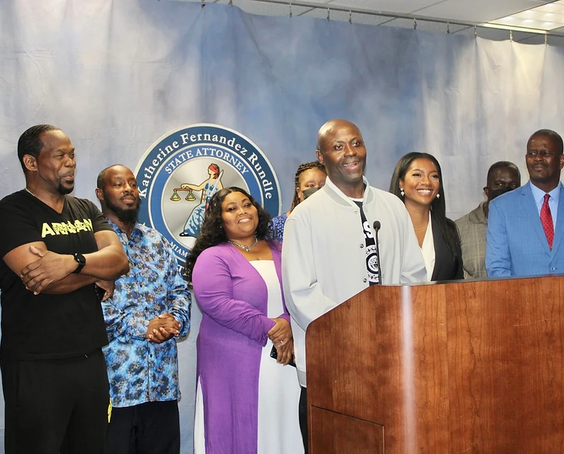 Thomas R. James speaking at the State Attorney exoneration press conference