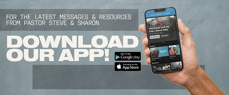 Wave Church app promotion for messages and resources from Pastors Steve and Sharon