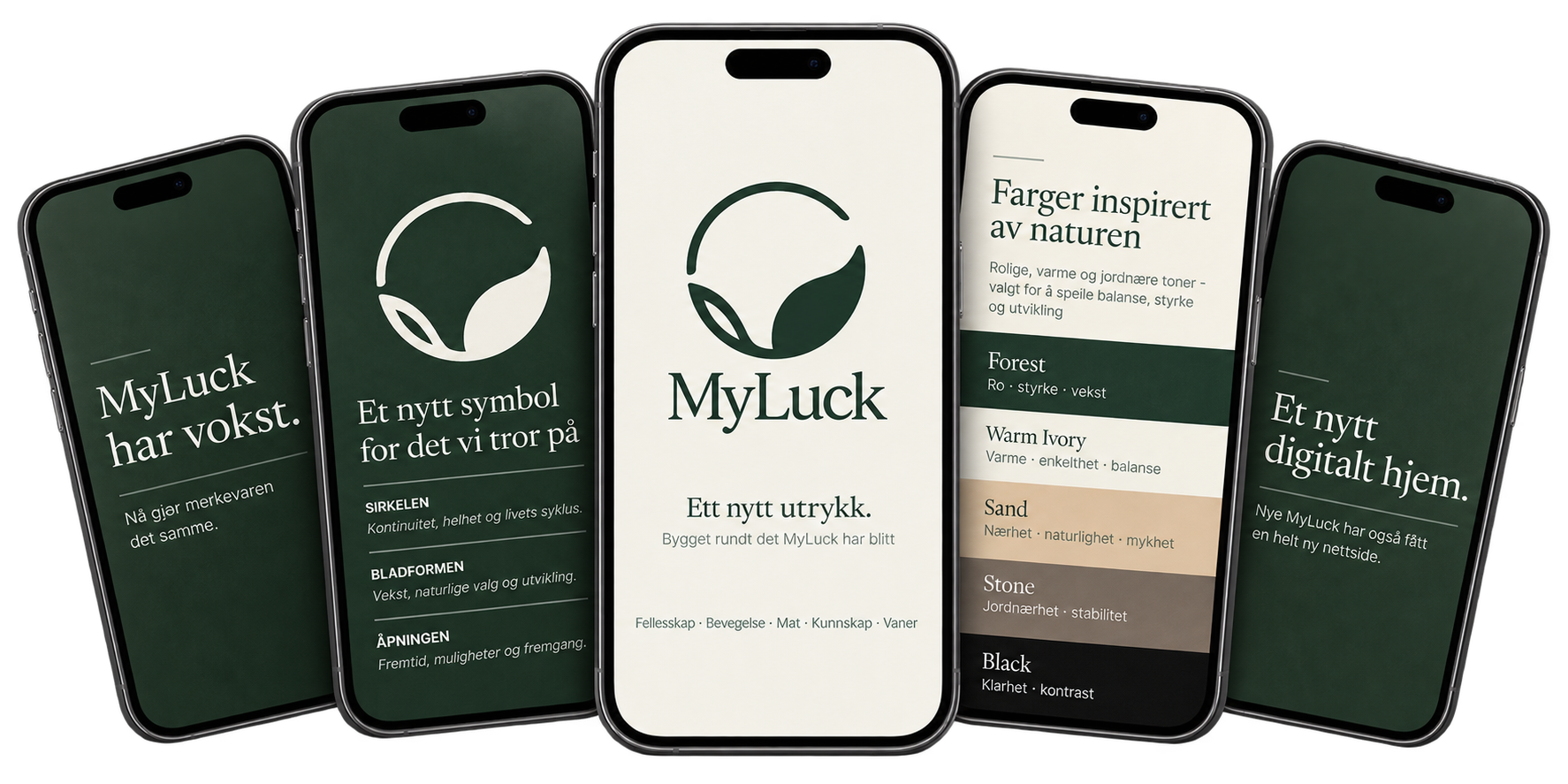 MyLuck-identiteten samlet – fem iPhone-skjermer som ett visuelt system.
