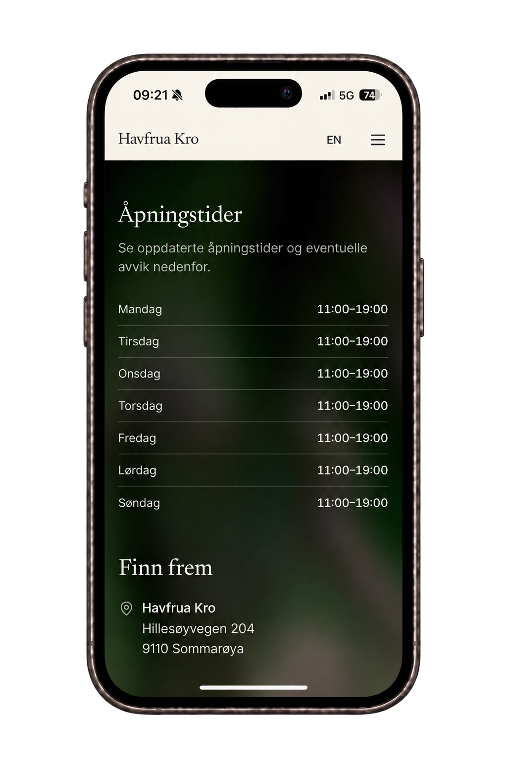 Havfrua Kro på mobil – åpningstider og veibeskrivelse.