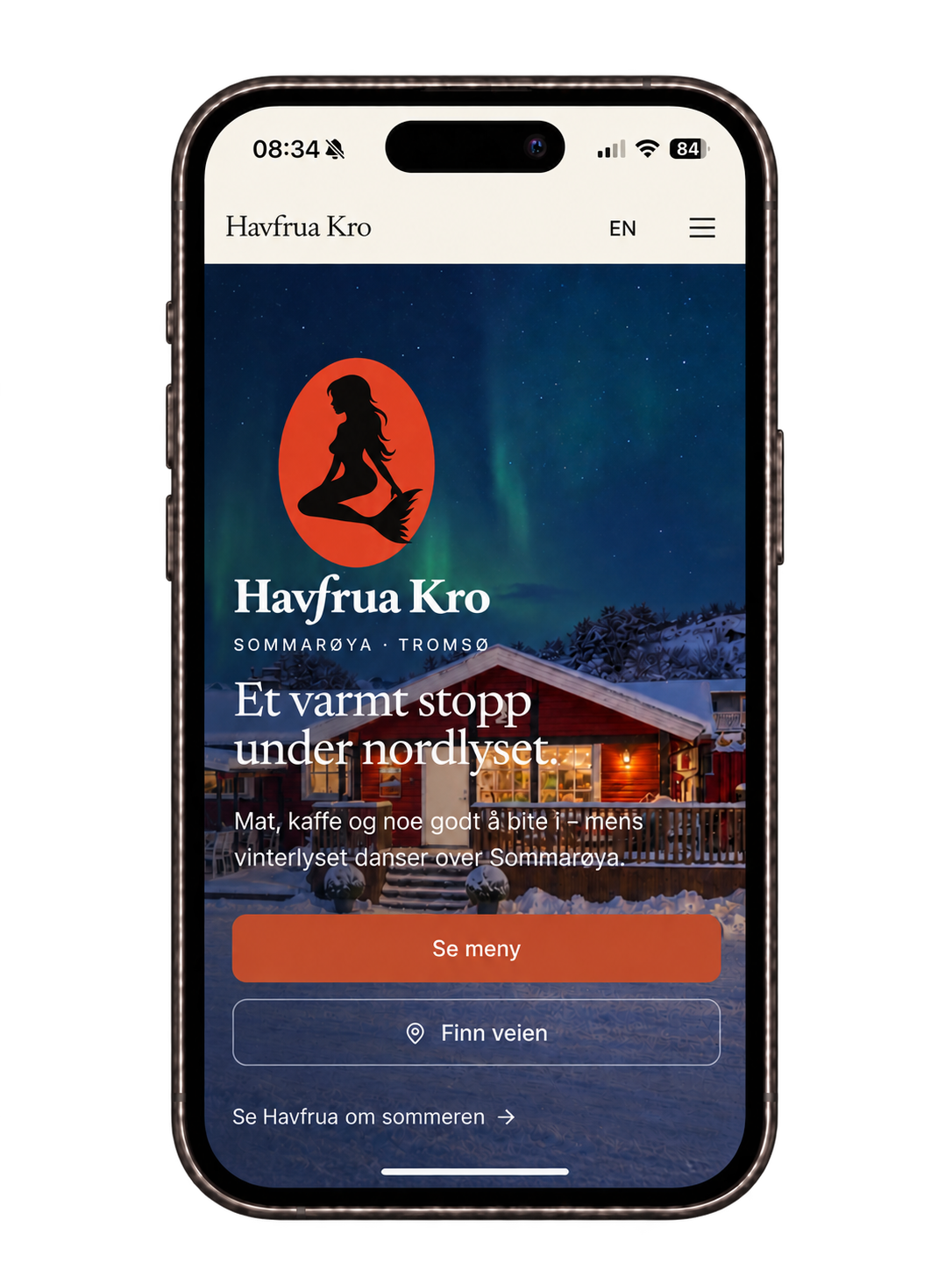 Havfrua Kro på mobil – vinter og nordlys.
