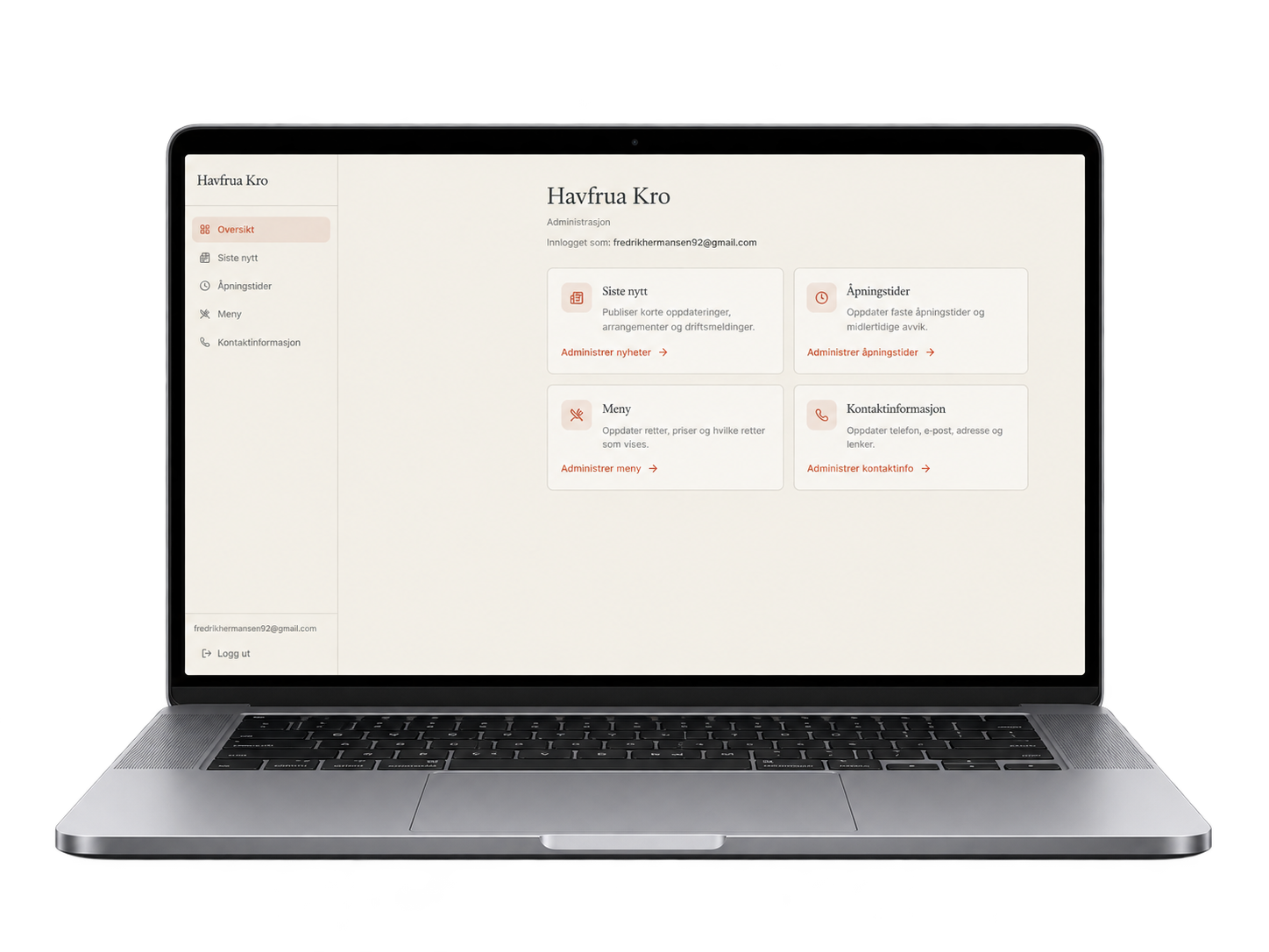 Administrasjonssystemet for Havfrua Kro – dashboard på MacBook.