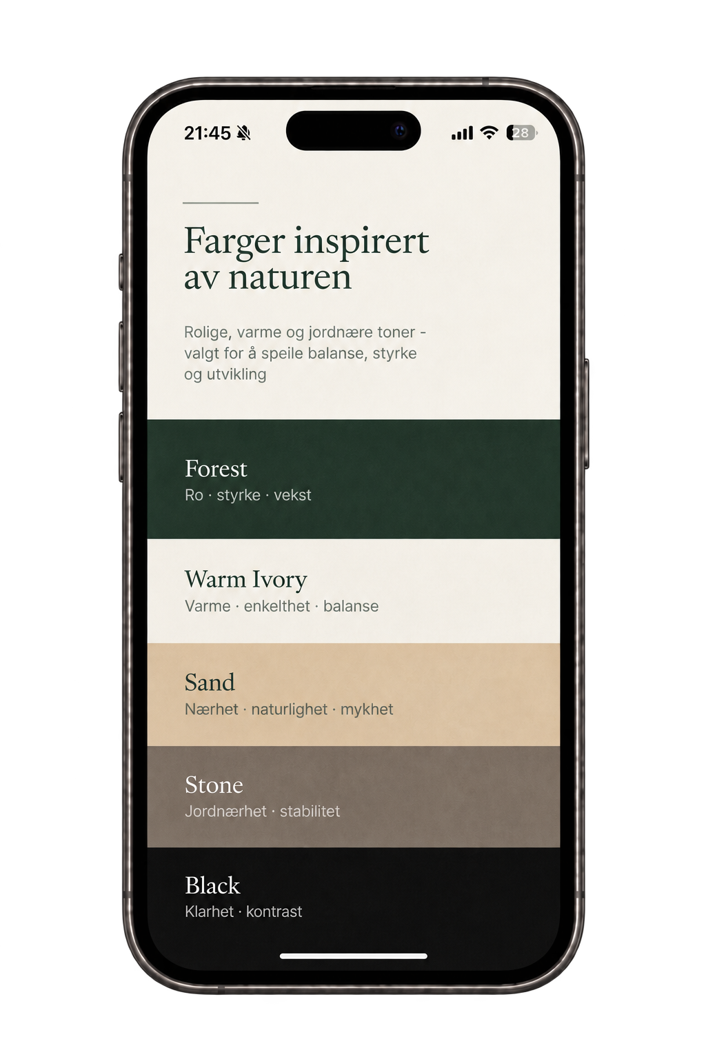 Farger inspirert av naturen – Forest, Warm Ivory, Sand, Stone og Black.