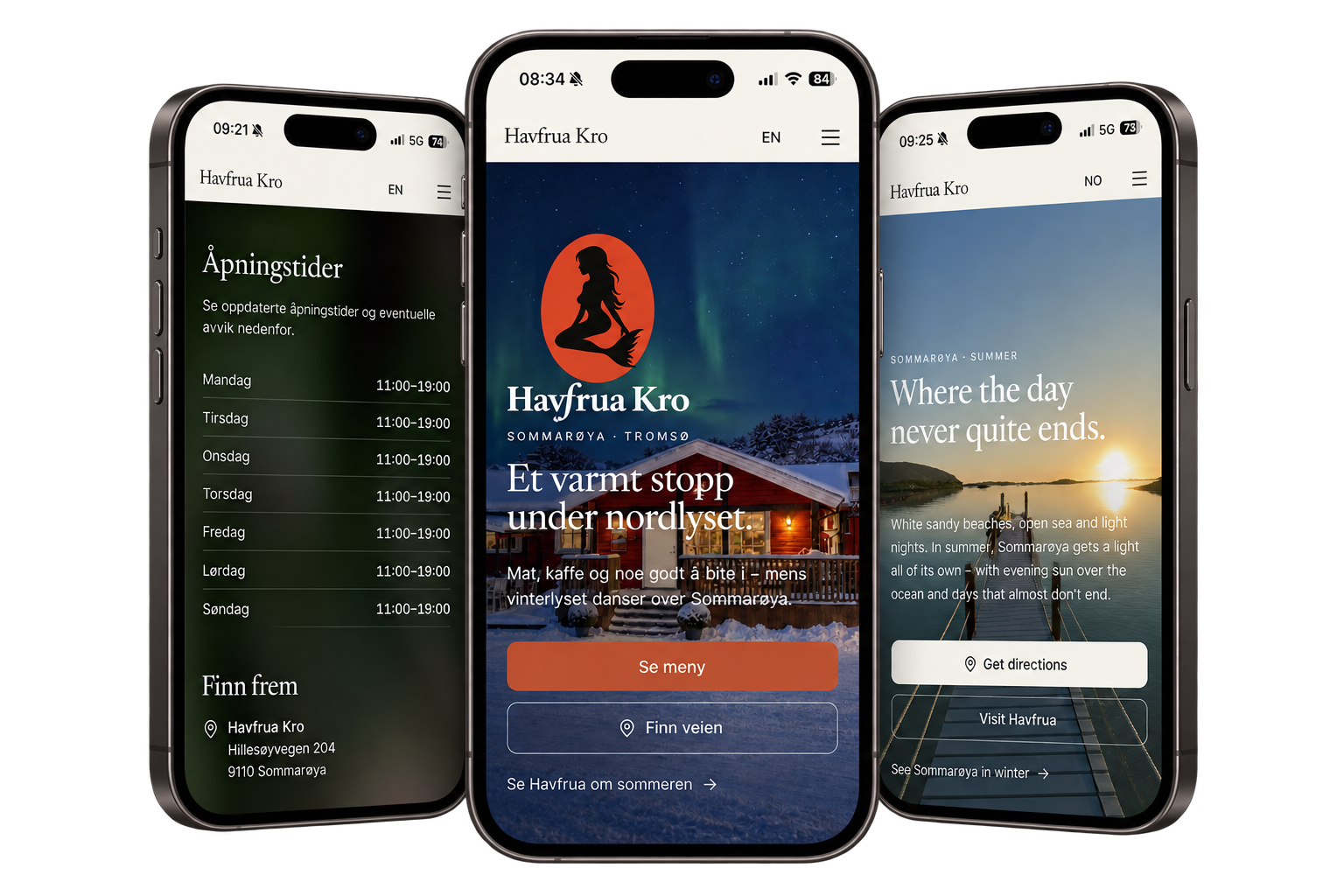 Havfrua Kro på mobil – tre skjermer med sesongbasert innhold.