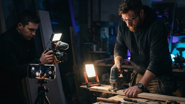 A tradesperson being filmed and photographed for social media content