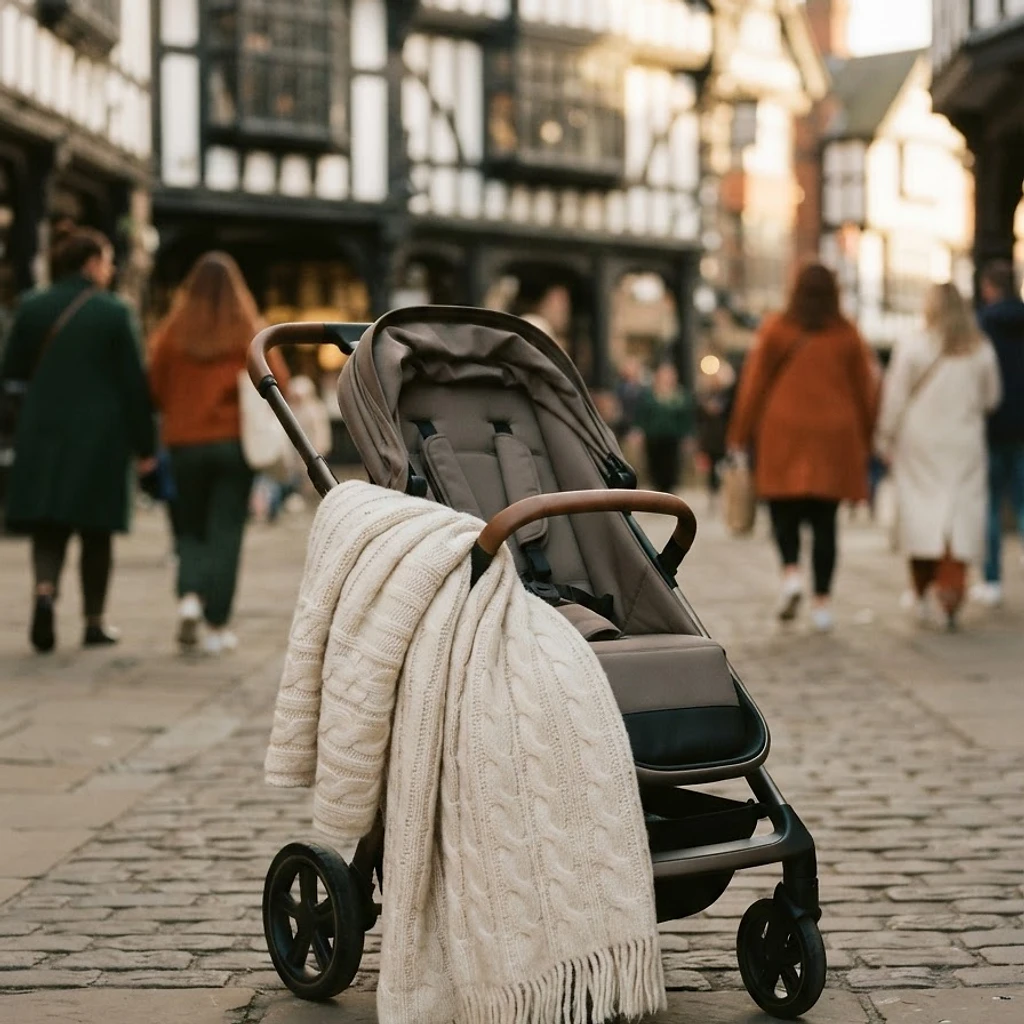 A wool blanket draped over a stroller before Chester's historic Rows