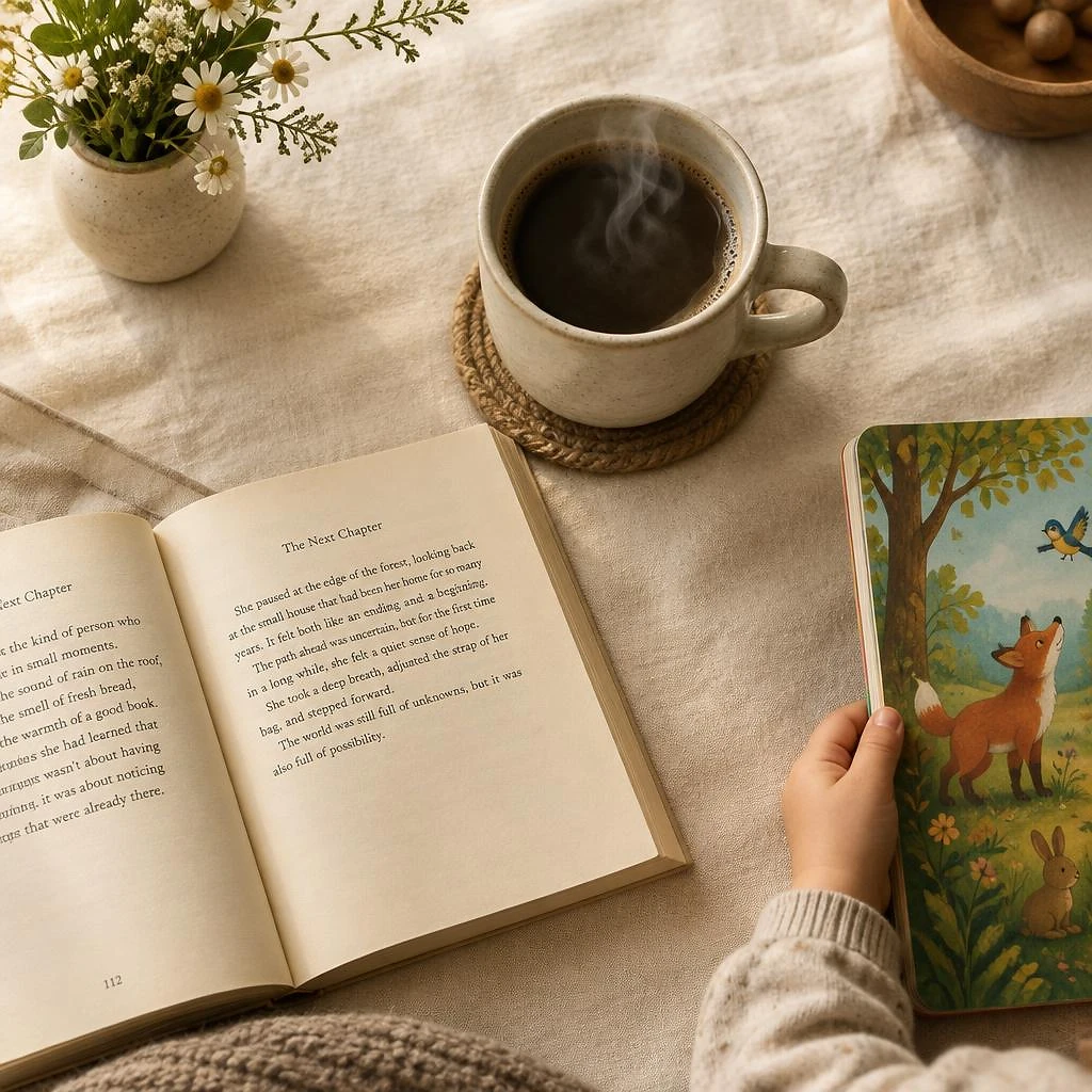 An open book, a mug of coffee, and white daisies on a linen surface