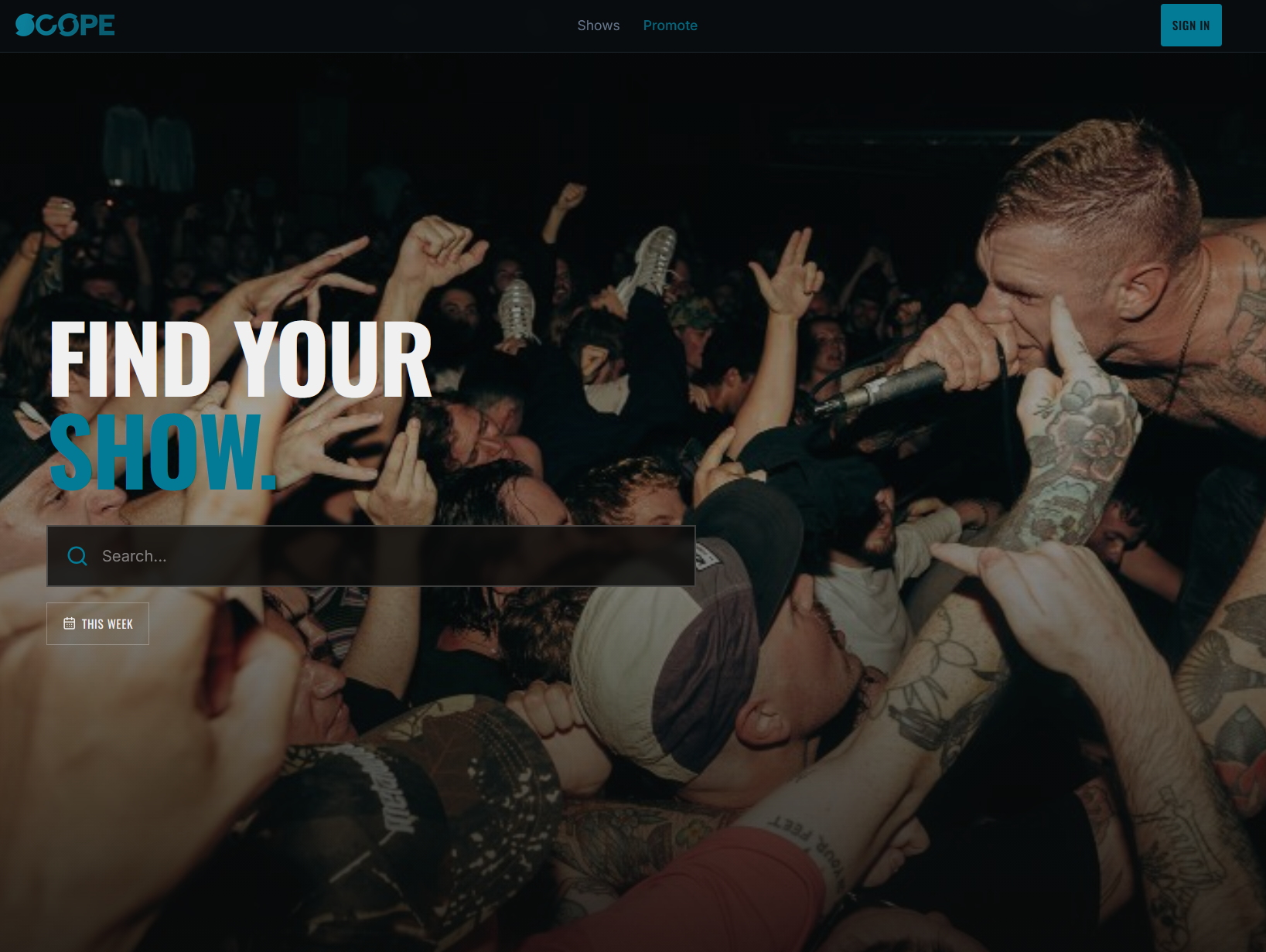 Scope website homepage showing event search and discovery