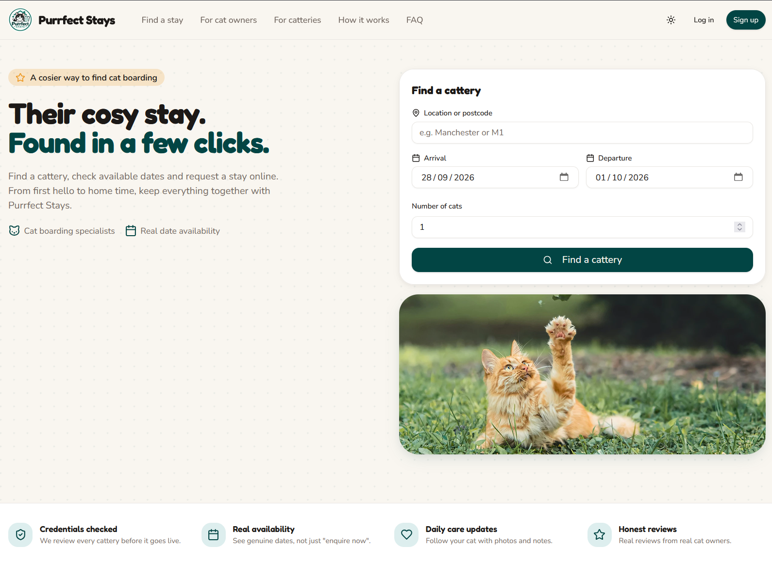 Purrfect Stays homepage showing cattery search and booking
