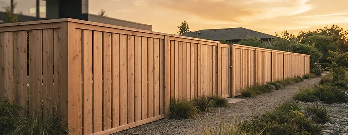 A freshly built cedar privacy fence at golden hour