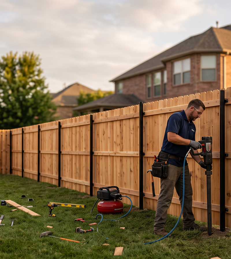 REC Construction crew installing a cedar privacy fence
