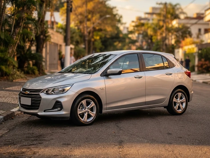 Carro popular estacionado em rua urbana ao entardecer