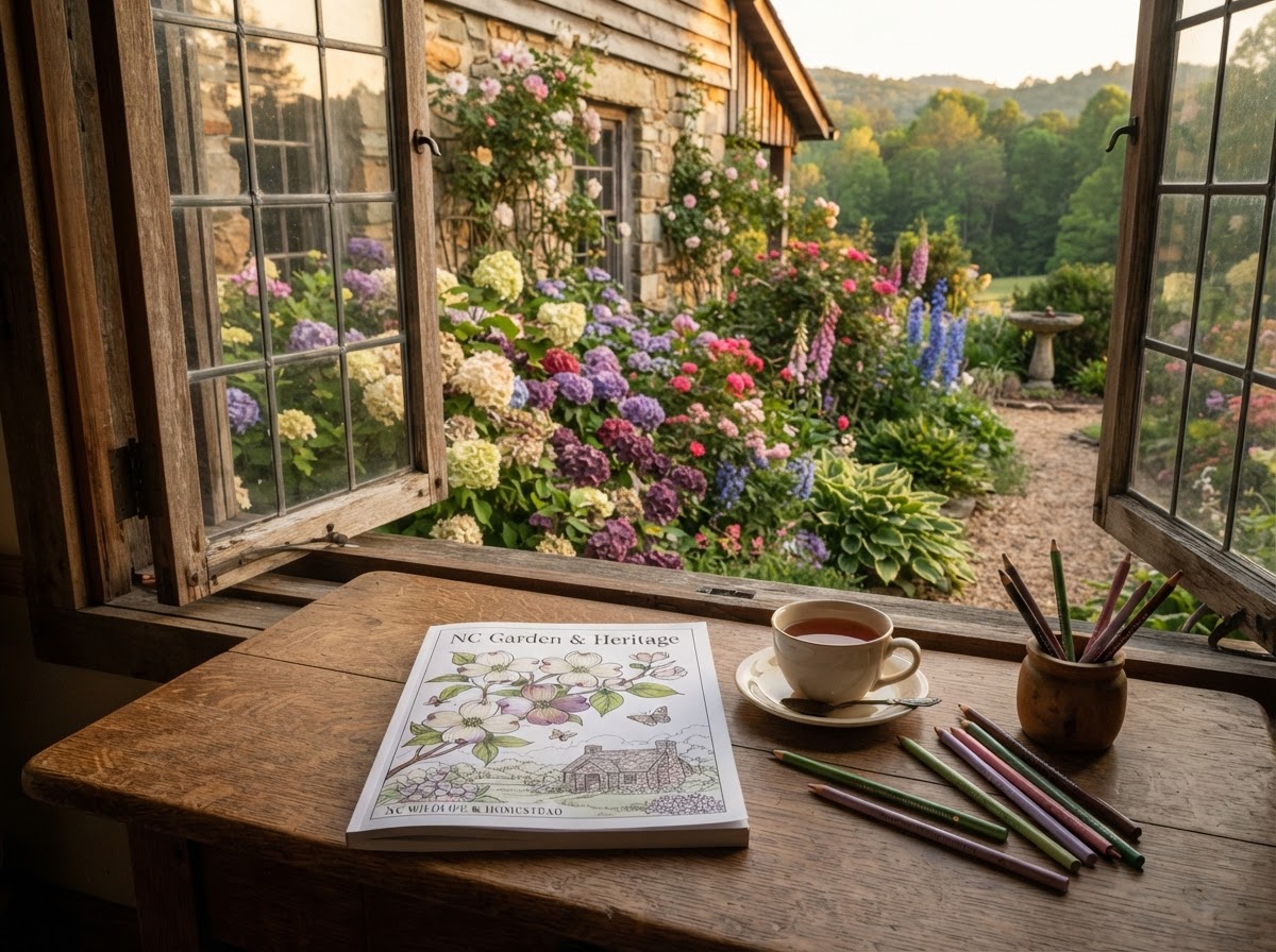 A cozy North Carolina cottage garden with an open coloring book and colored pencils