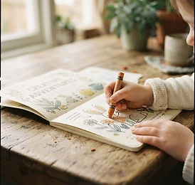 A child's hands coloring in a children's activity book with a crayon, screen-free creative play