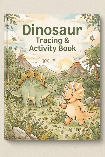 Cover of Dinosaur Tracing and Activity Book showing friendly cartoon dinosaurs among ferns