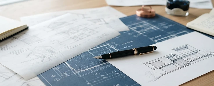 Architectural blueprints and design sketches on a desk