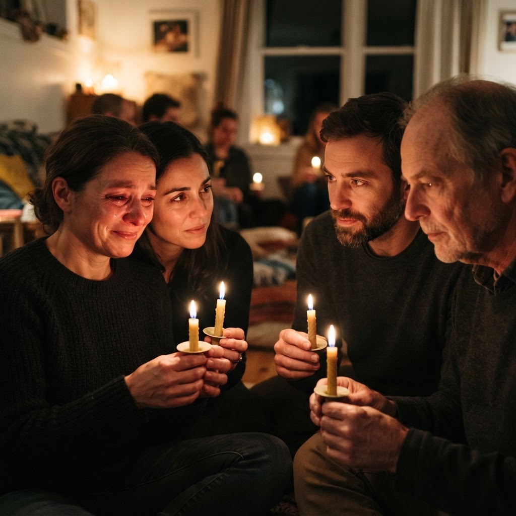 Faces of a remembrance circle lit by candlelight, each person holding a small candle