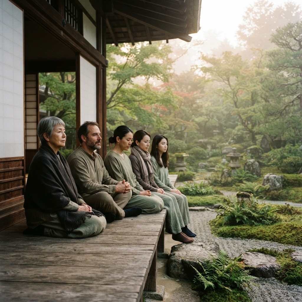 A small group of grief companions sitting quietly together on a wooden temple veranda overlooking a Kyoto moss garden at dawn