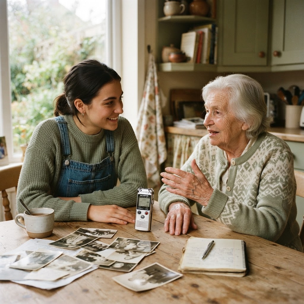 A young woman gently recording an elder's life story at a kitchen table, an audio recorder and old photographs between them