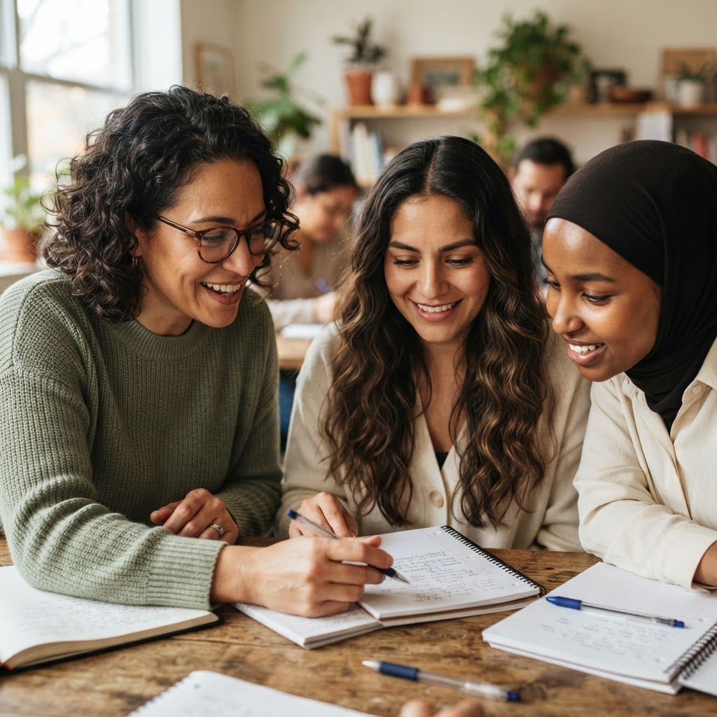 Close-up of a facilitator and students leaning in together over notebooks, faces visible