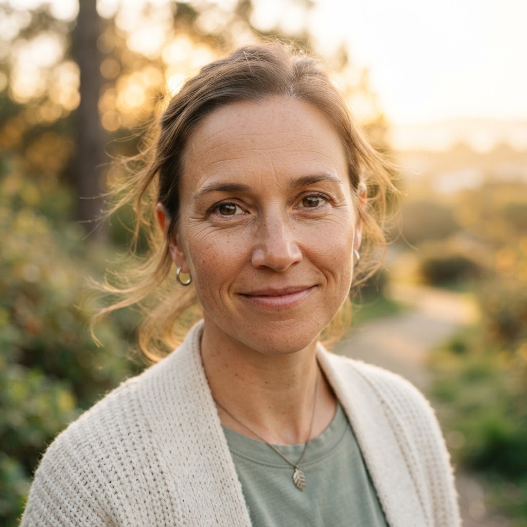 Close-up of a newly certified grief companion's hopeful face at sunrise