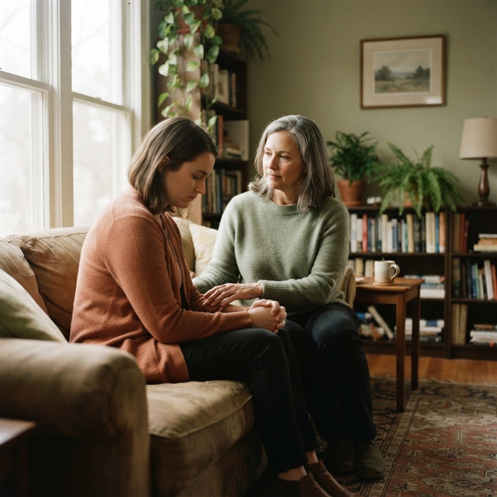 A compassionate grief companion with warm steady eyes — the face of Everlight Academy