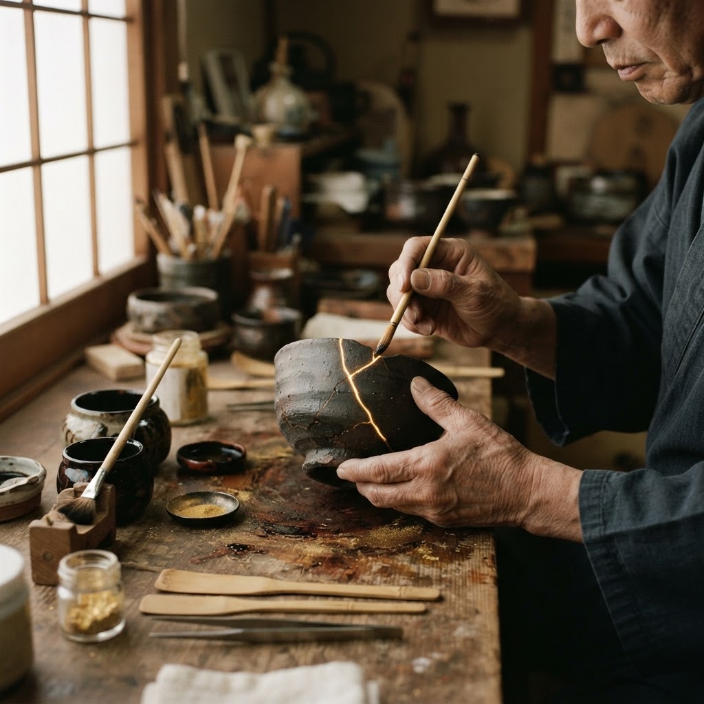 Artisan's hands mending a broken ceramic bowl with gold lacquer — the Japanese craft of kintsugi