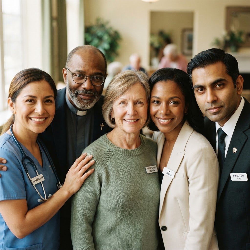 Close-up group portrait of diverse caring people — a nurse, chaplain, caregiver, HR professional and funeral director, faces forward