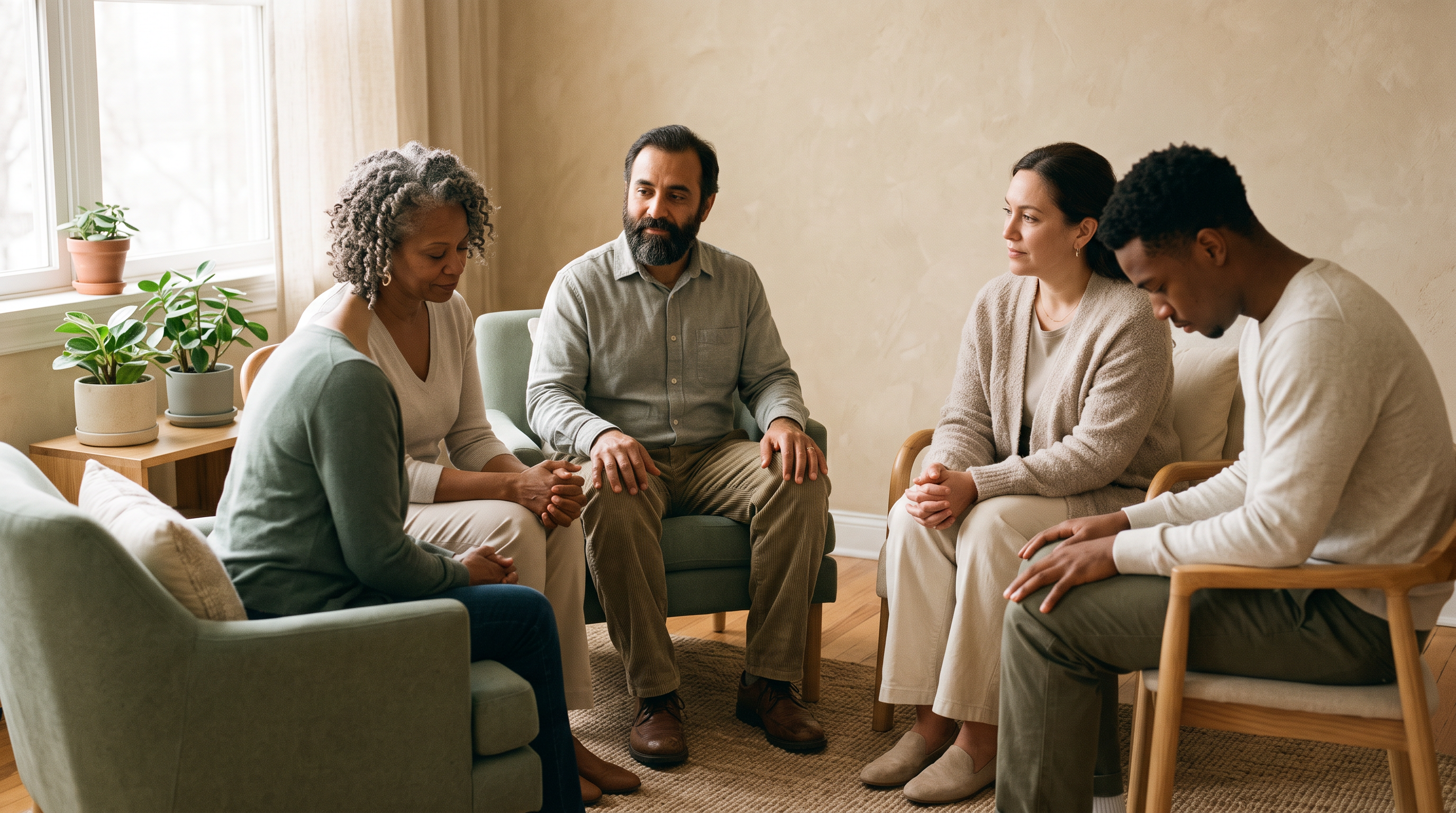 A small circle of companions seated together in a warm, softly lit room — holding space in shared silence