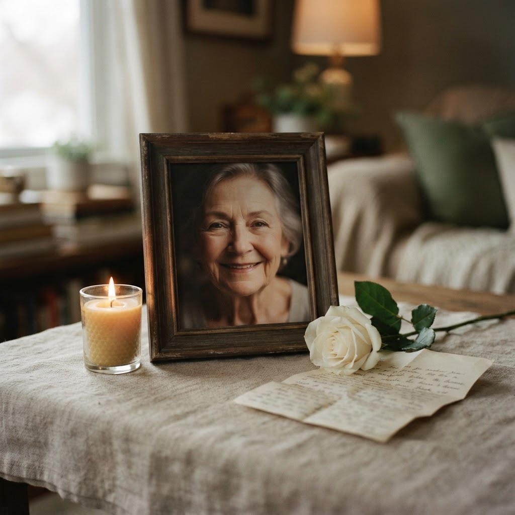 A simple remembrance display with a framed portrait, a handwritten letter, and a white flower