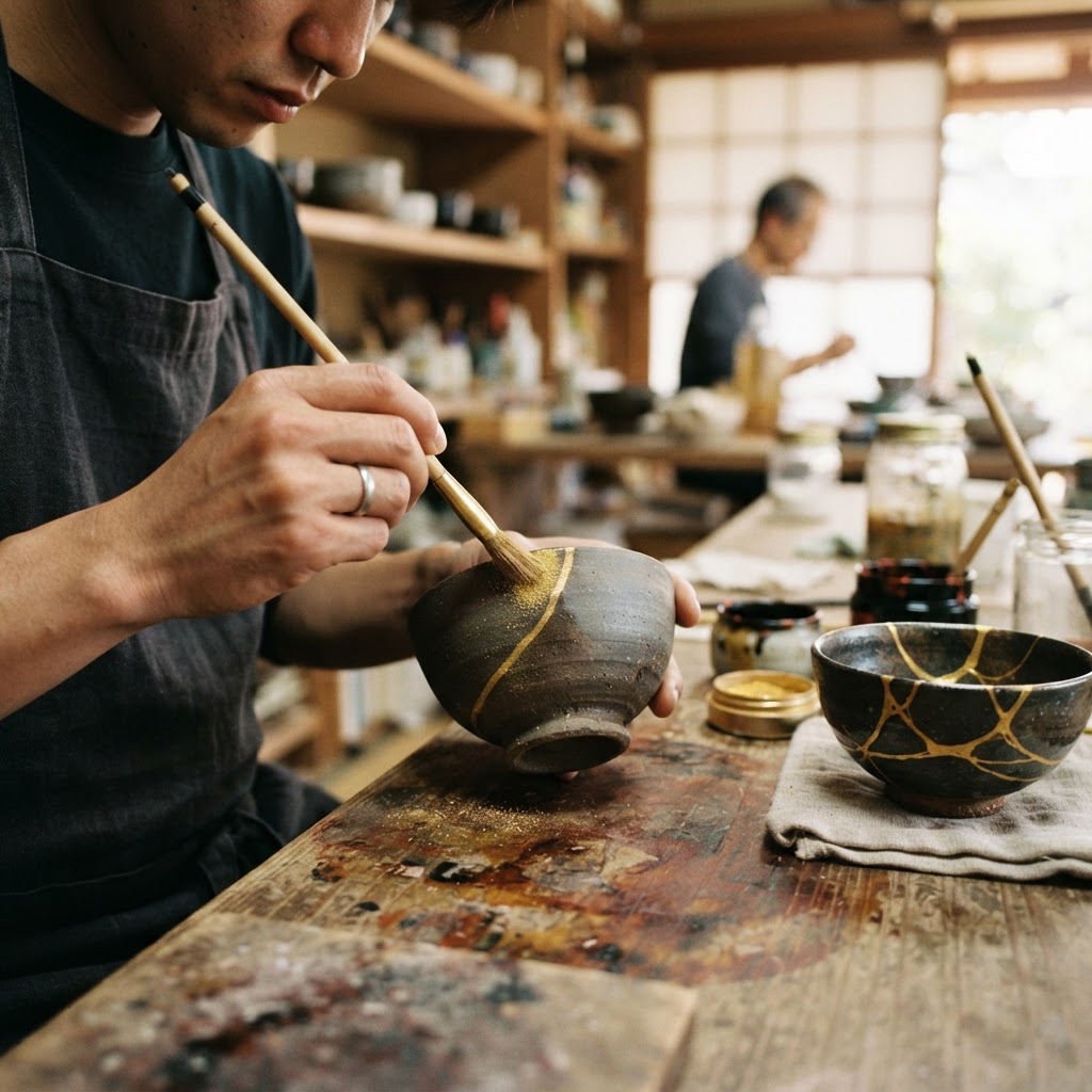 Student's hands applying gold powder to a mended ceramic bowl